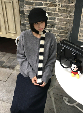 美式复古秋冬围巾Y2K细长条纹围巾撞色女学院风大学生无题notitle