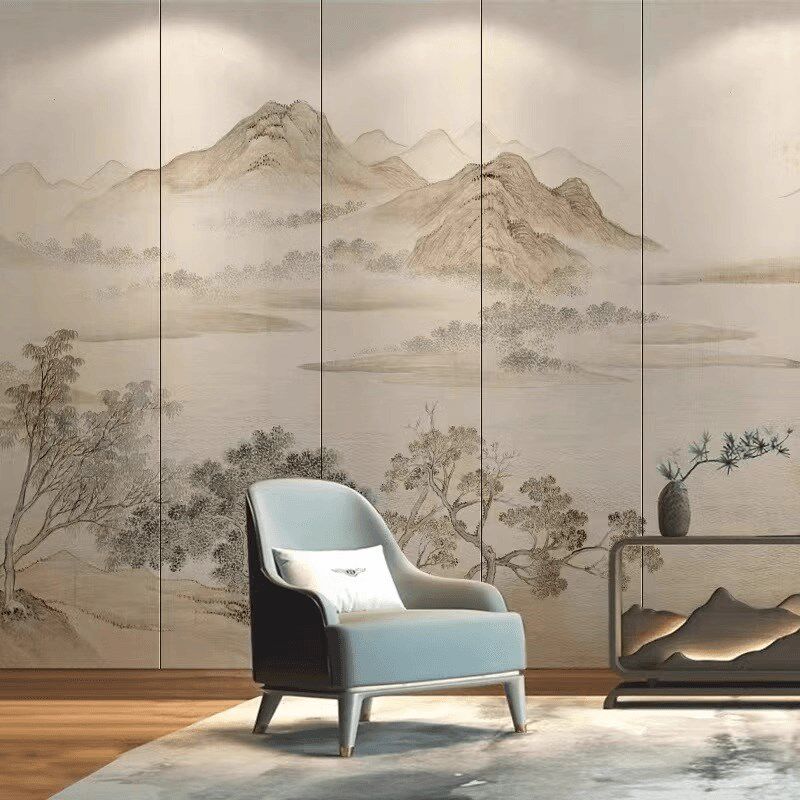 精选新中式刺绣墙布复古壁布客餐厅墙纸电视背景墙硬包装修山水画