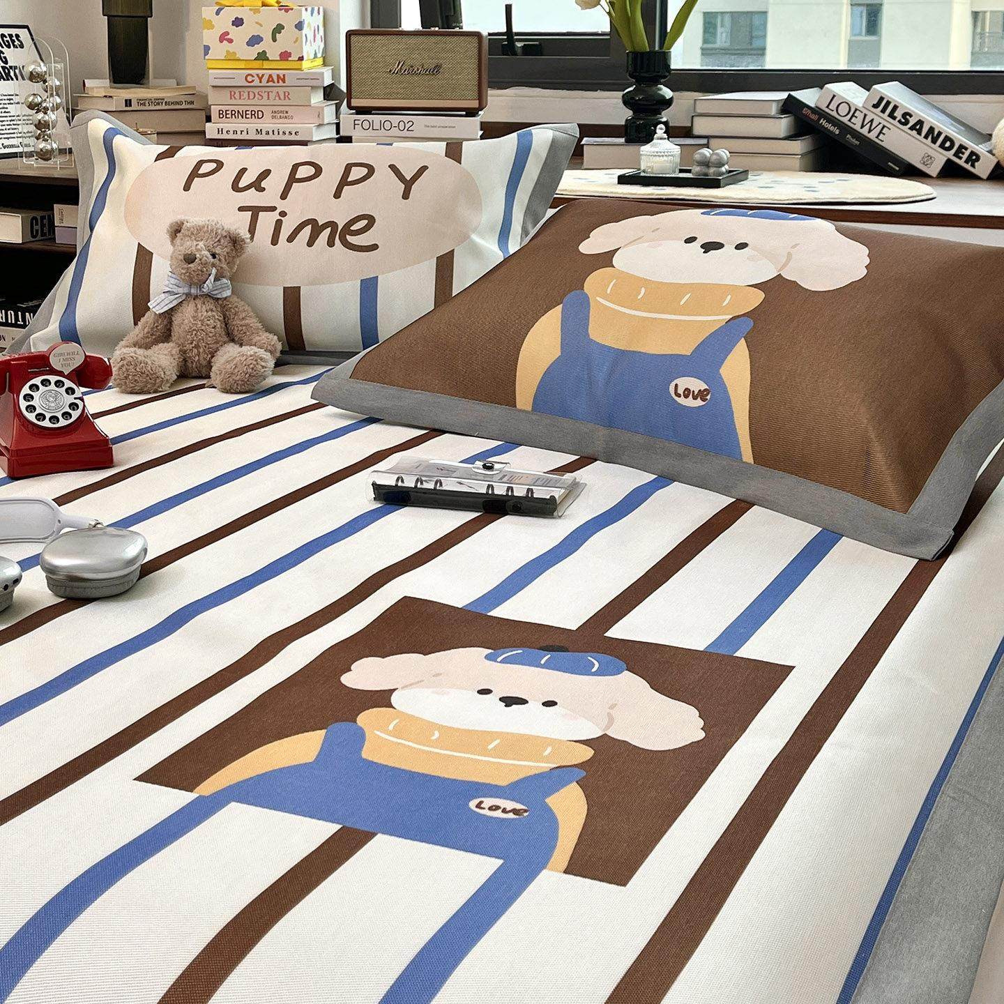 月光巴士条纹萌犬卡通900D冰藤席夏季家用凉感冰丝席子1.8m可机洗