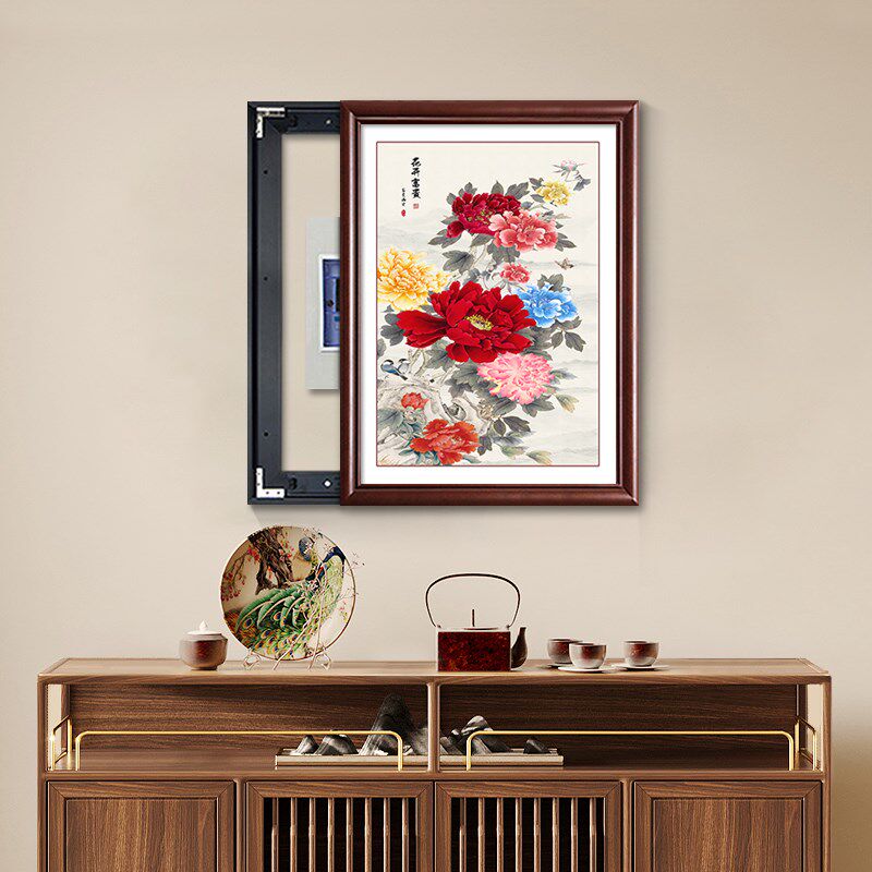 花开富贵新中式电表箱装饰画竖款配电箱挂画电闸电源总开关遮挡盒