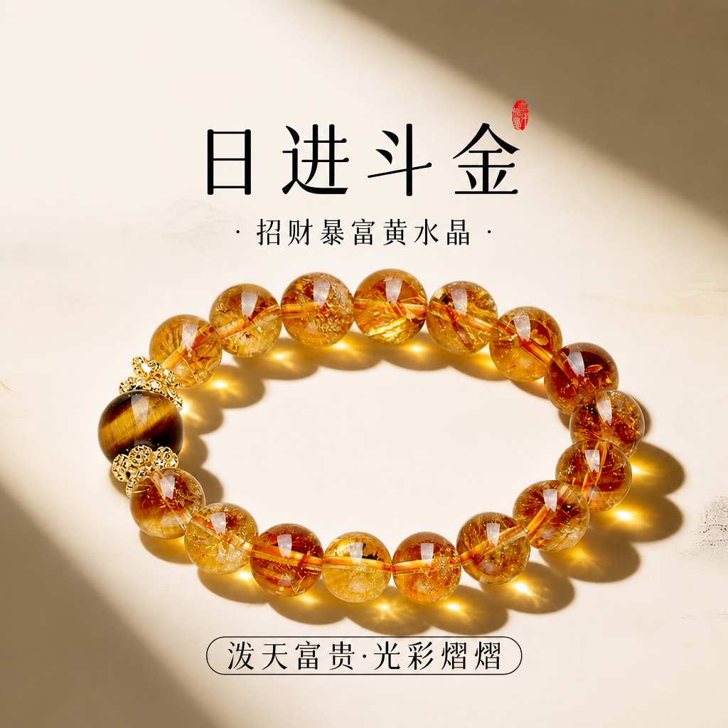 普陀山文创集天然虎眼黄塔晶手串招财黄水晶手链女招米转运珠礼物