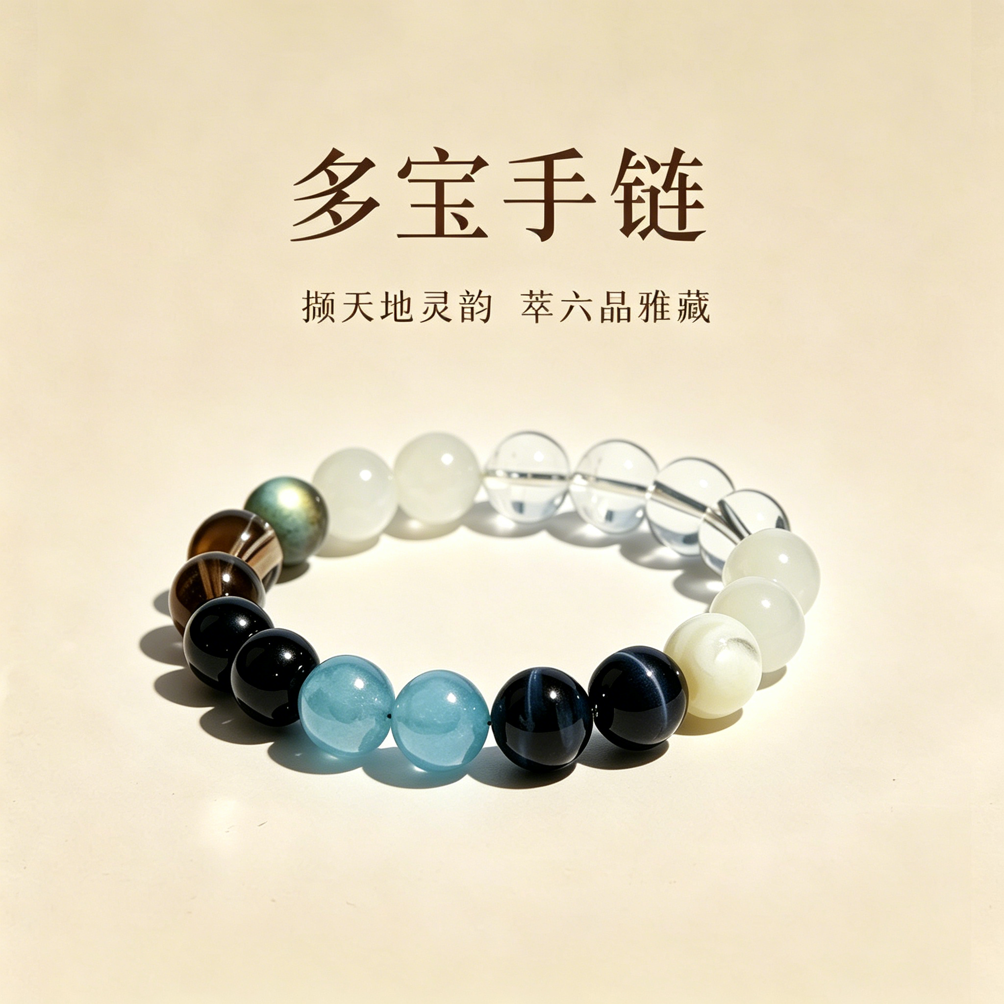 普陀山文创集补金水天然水晶手串海蓝宝黑曜石白水晶灰月光手链 - 实物图