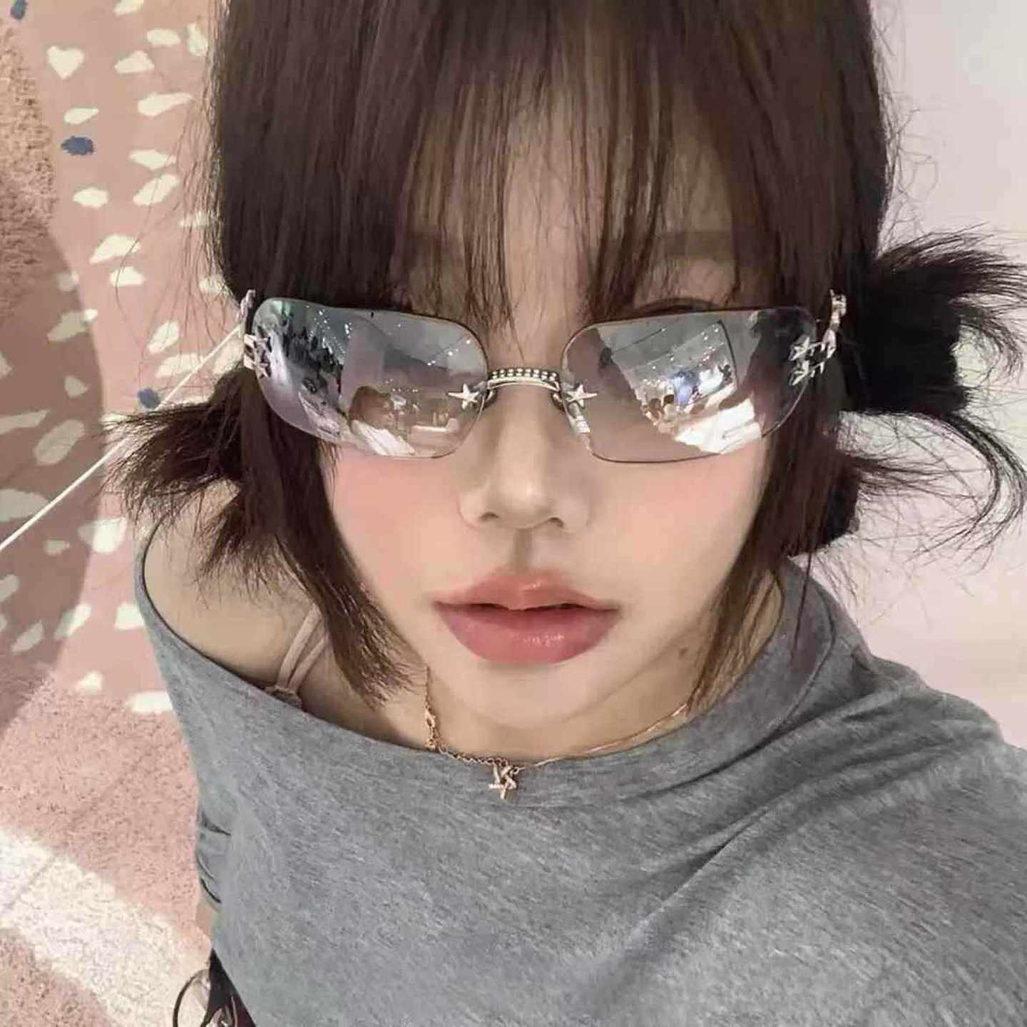 高智感纯欲无框眼镜女复古方框银丝韩系姐姐素颜平光镜高级感透明