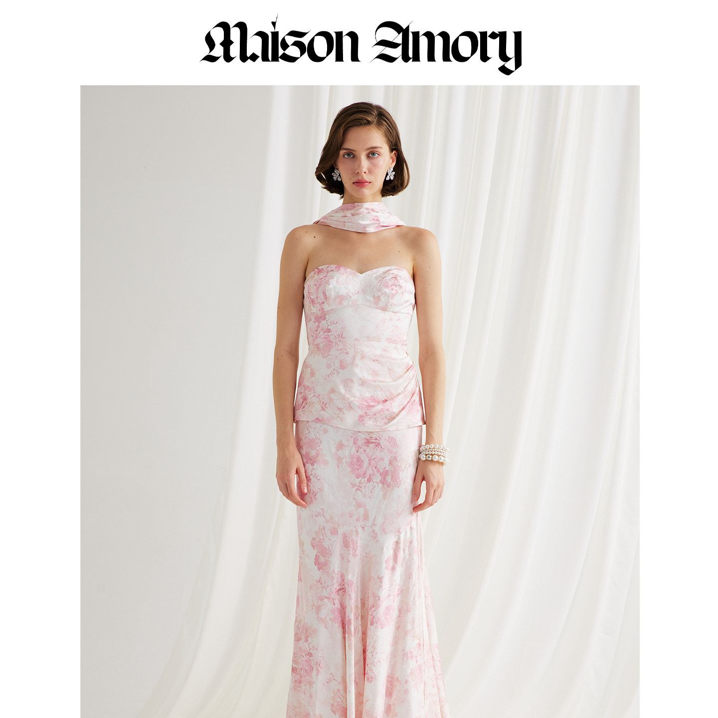 春上新|玫瑰花海印花挂脖飘带抹胸party轻礼服套装 MaisonAmory图片
