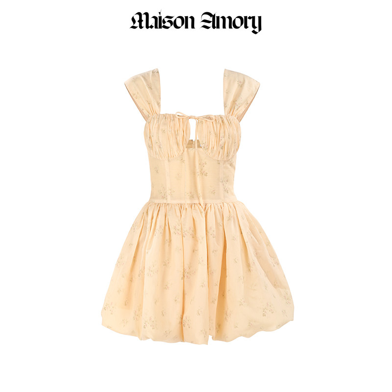 Maison黄底粉玫瑰迷你连衣裙