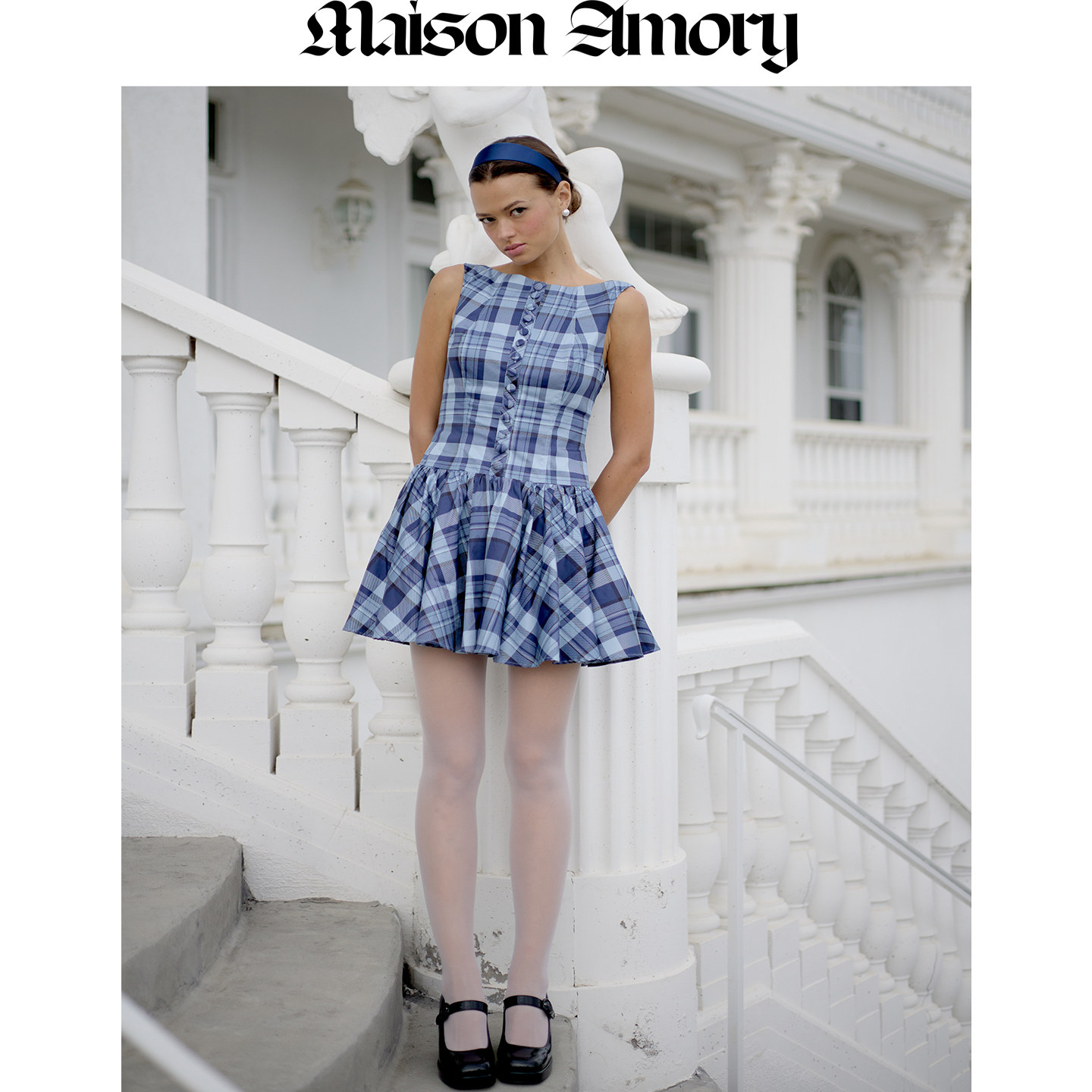秋季新品|英伦格子印花 藏青色 迷你连衣裙Maison Amory