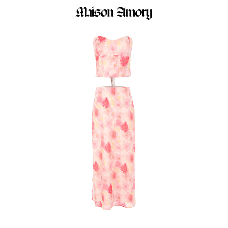 Maison白底紫藤花园印花半身裙