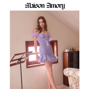 毛领可拆卸MaisonAmory 灰蓝色云朵迷你抹胸裙 Rin