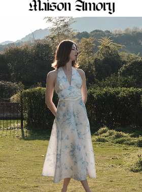 季末折扣|灰粉底蓝色玫瑰无袖礼服裙Open Meadows Maison Amory