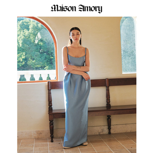 蓝色郁金香·Maison 灰蓝色吊带连衣裙 Amory及踝礼服裙