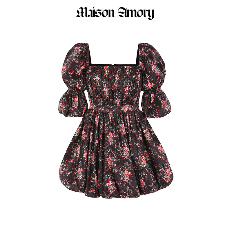 MaisonAmory黑底糖果粉玫瑰印花