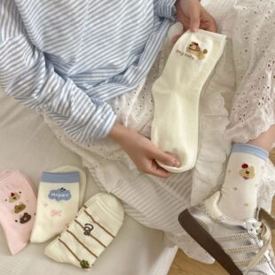 可爱袜子女纯棉春夏中筒白色棉袜卡通小狗条纹蝴蝶结女袜诸暨袜业