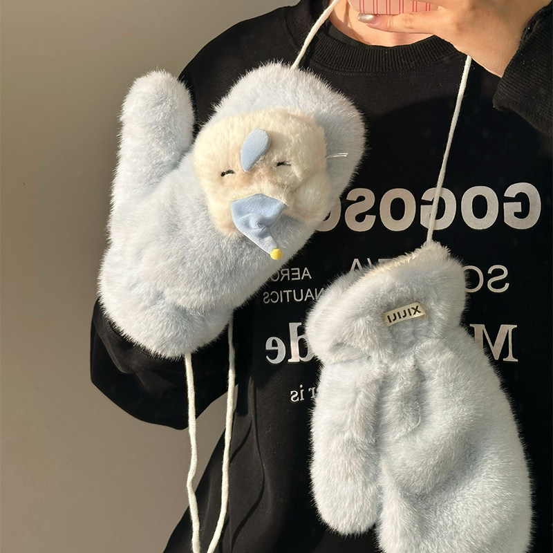 可爱毛绒连指手套女冬季加绒加厚保暖学生骑行防风防寒挂脖棉手套