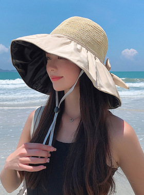 防晒帽子女夏季遮阳2024新款渔夫防紫外线黑胶大檐遮脸沙滩太阳帽