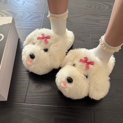 可爱小狗棉拖鞋女冬季室内家居保暖防滑毛绒拖鞋女款毛毛拖鞋