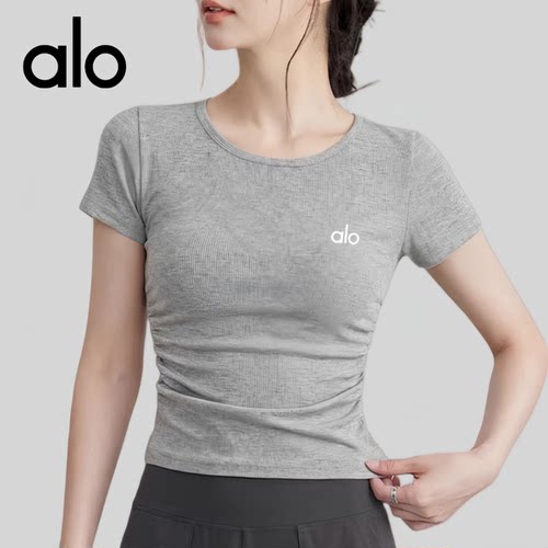 AIo瑜伽服女螺纹修身显瘦短袖运动t恤弹力速干跑步健身服罩衫上衣