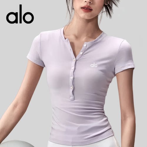 AIo 亨利领瑜伽服短袖纽扣普拉提跑步T恤高弹修身运动上衣夏