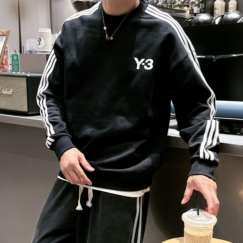 潮牌秋冬新款圆领套头卫衣休闲运动长袖T恤三道杠简约港风打底衫