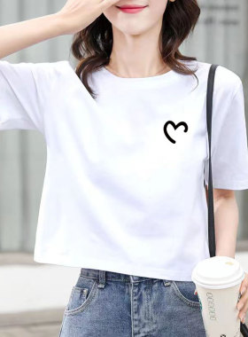 品牌纯棉白色短款短袖t恤女2026夏季新款正肩宽松圆领小个子上衣T