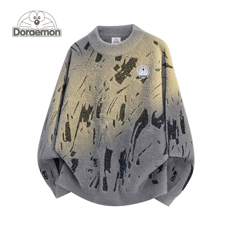 哆啦A梦圆领针织衫冬季新款2025保暖毛衣男女潮流休闲宽松上衣服
