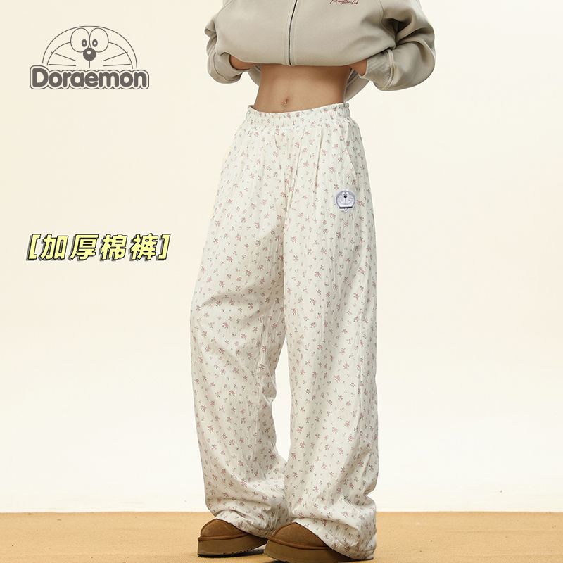 哆啦A梦小碎花休闲裤男女冬季加厚加绒2025