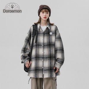 DORAEMON/哆啦A梦 美式复古井字格纹休闲翻领长袖衬衫外套 415139