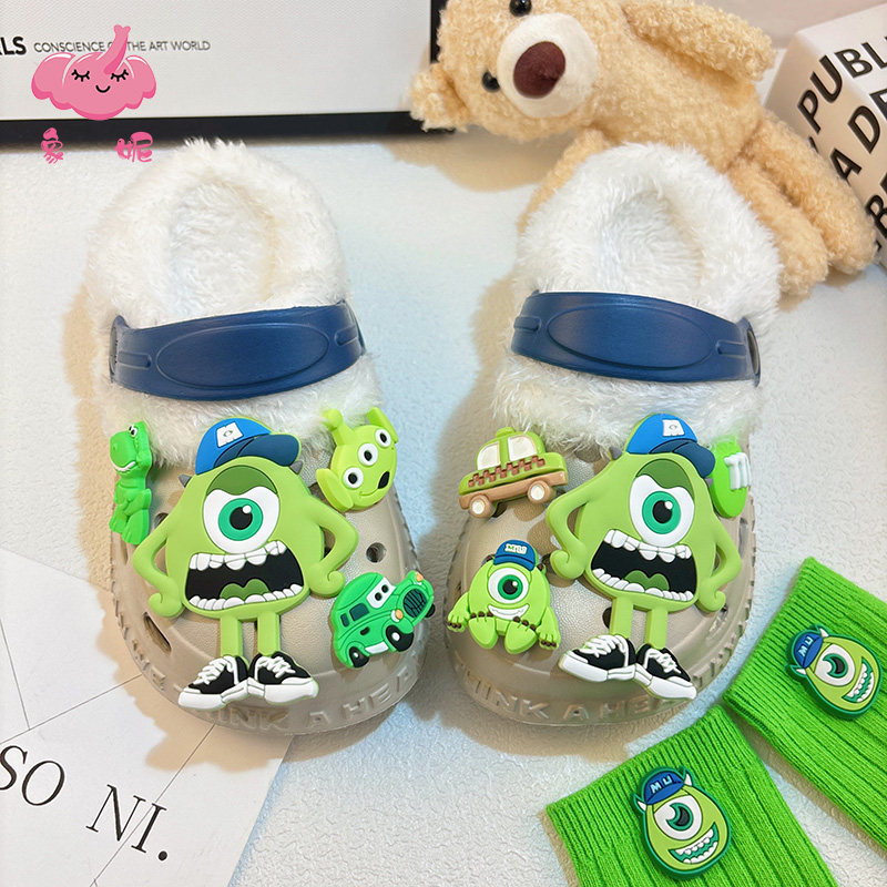 儿童搞怪大眼睛洞洞鞋加绒加厚男秋冬季可拆卸防滑软底棉拖鞋外穿