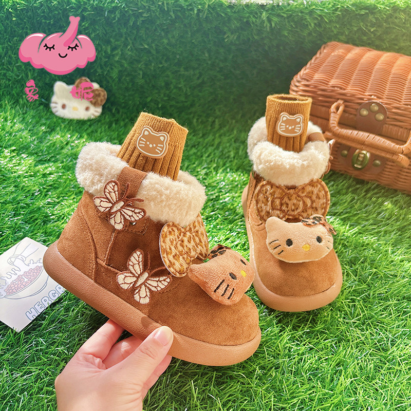 女童鞋子加绒棉鞋2025新款冬季靴子儿童小土豆卷毛雪地靴加厚防滑