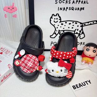 2026年新款红色喜庆拖鞋夏季外出外穿洋气儿童洞洞鞋女童猫咪卡通