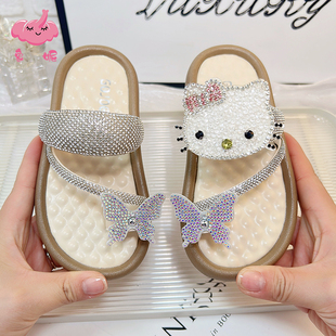 网红猫咪拖鞋外穿女童夏季软底平底防滑套趾凉拖小女孩水钻公主鞋