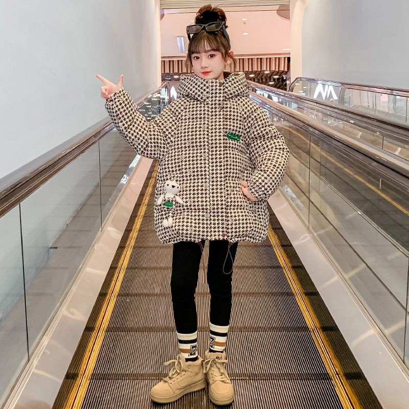 女童羽绒棉服2024新款冬装韩版中大童外套儿童棉袄中长款格子棉衣