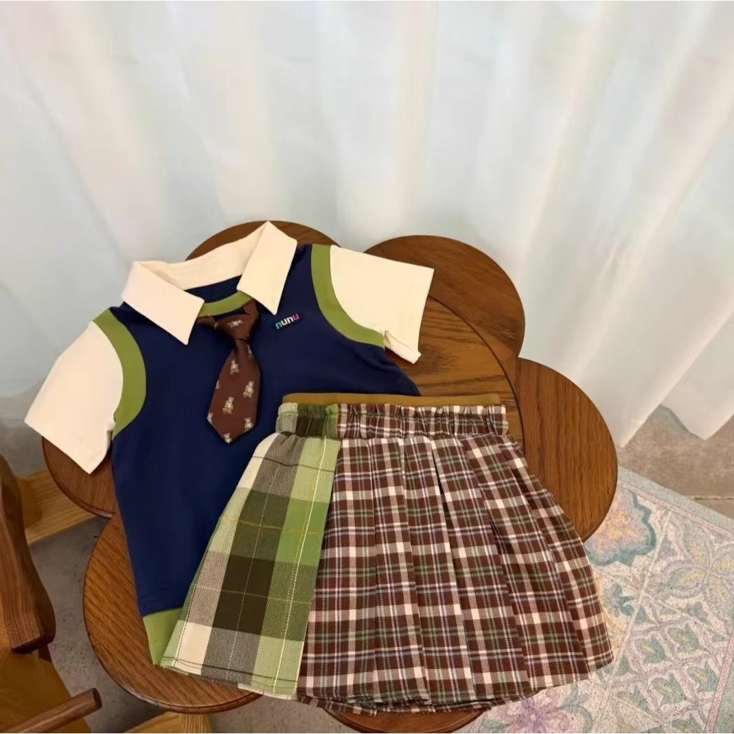 韩国女童学院风套装儿童夏季新款JK制服拼色短袖T恤上衣格子短裙