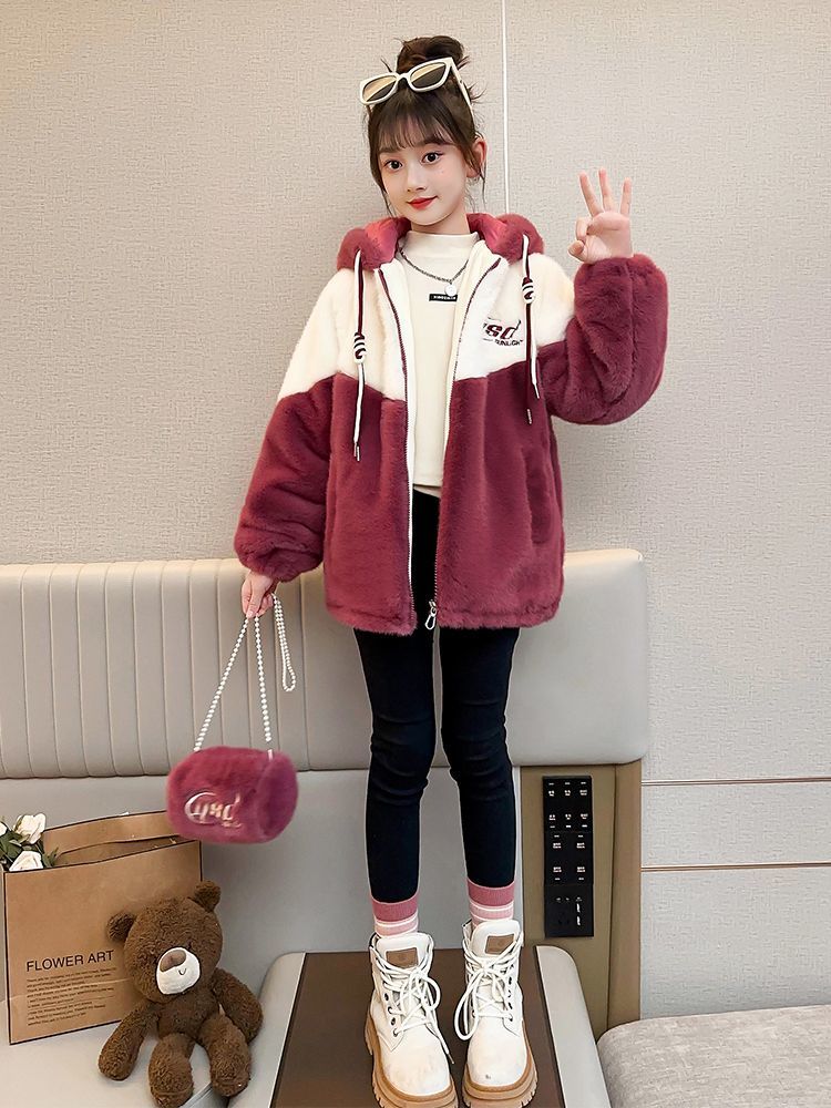 女童加绒外套儿童冬款洋气连帽加厚毛毛衣女大童冬季保暖毛绒冬装