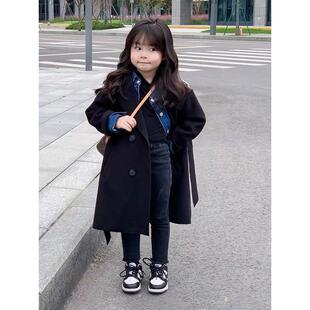 韩国中小童装毛呢大衣秋冬新款儿童黑色外套女童长款气质呢子风衣