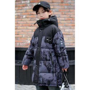 男童羽绒服2024新款拼色迷彩冬季中大童中长款儿童加厚外套