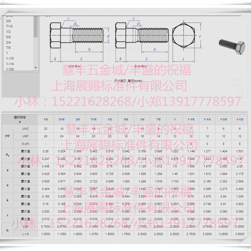 美制5级发黑外六角螺丝粗牙8.8级英制六角头螺栓1-1/4-7=直径31mm