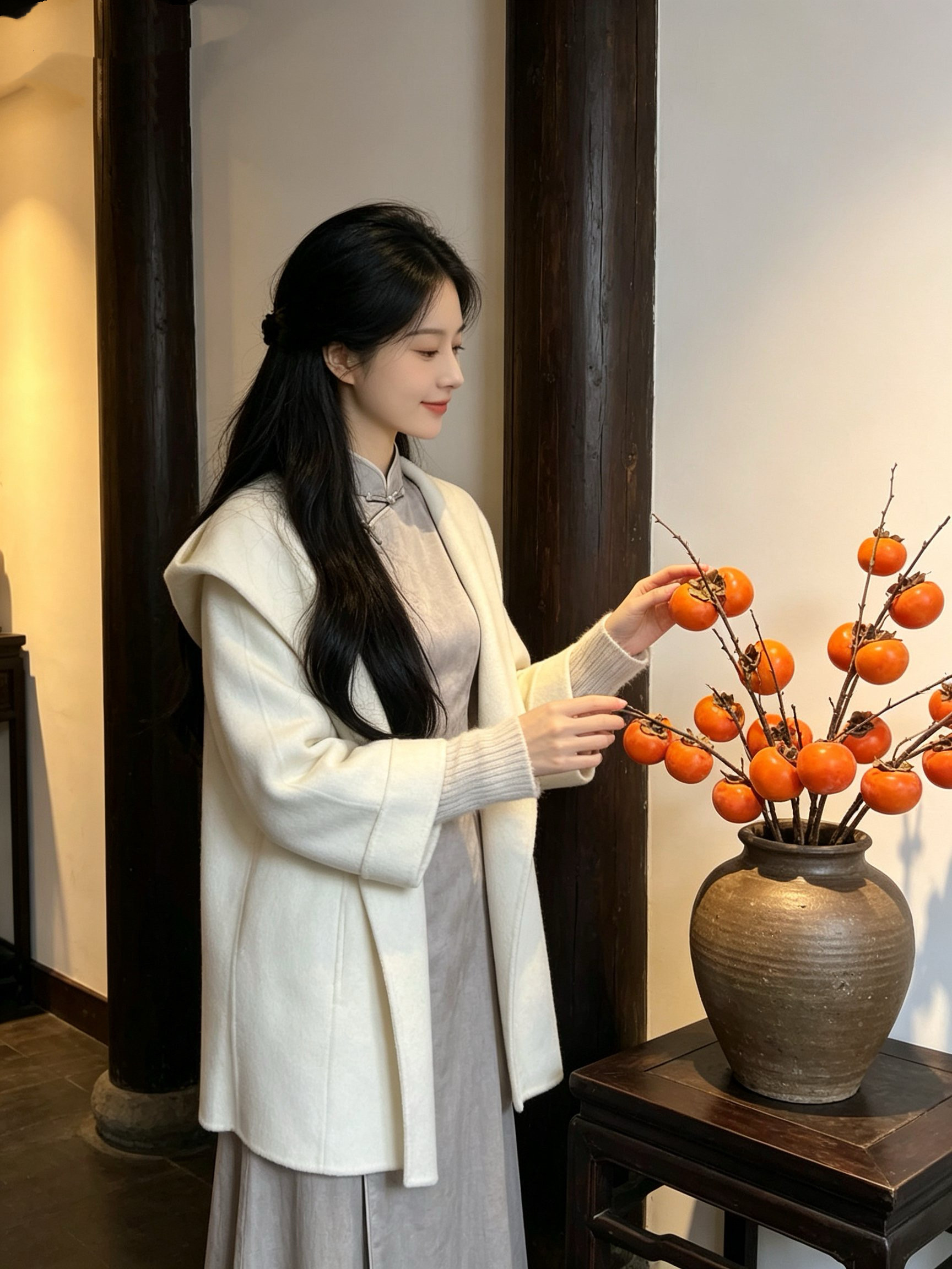 梦回故里双面呢羊绒大衣女秋冬款新款小个子毛呢外套帽子袖子针织