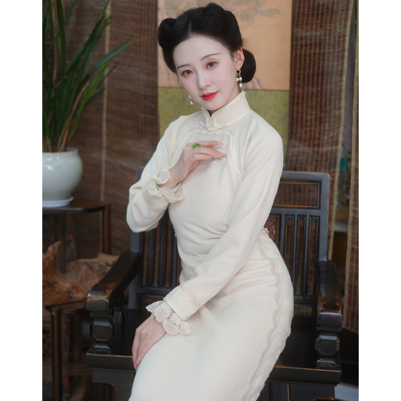 【绘梦】白色重工新中式长袖古法旗袍长款到脚踝秋冬款复古中国风