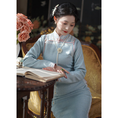 雾璃｜春季新品古法全开襟平裁曳地旗袍长袖日常旗袍连衣裙