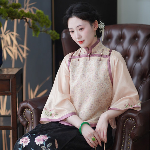 星蕊｜2025新款中式国风真丝绣花假两件上衣年轻款日常倒大袖套装