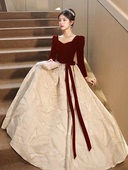 法式 高端晚礼服长袖 显瘦轻奢小众黑色声乐艺考主持红色订婚敬酒服