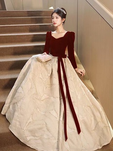 法式 显瘦轻奢小众黑色声乐艺考主持红色订婚敬酒服 高端晚礼服长袖