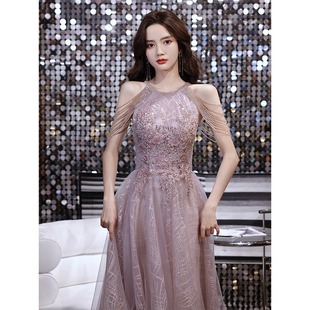 紫色惊艳晚礼服裙女宴会气质轻奢小众主持颁奖名媛重工流苏2025新