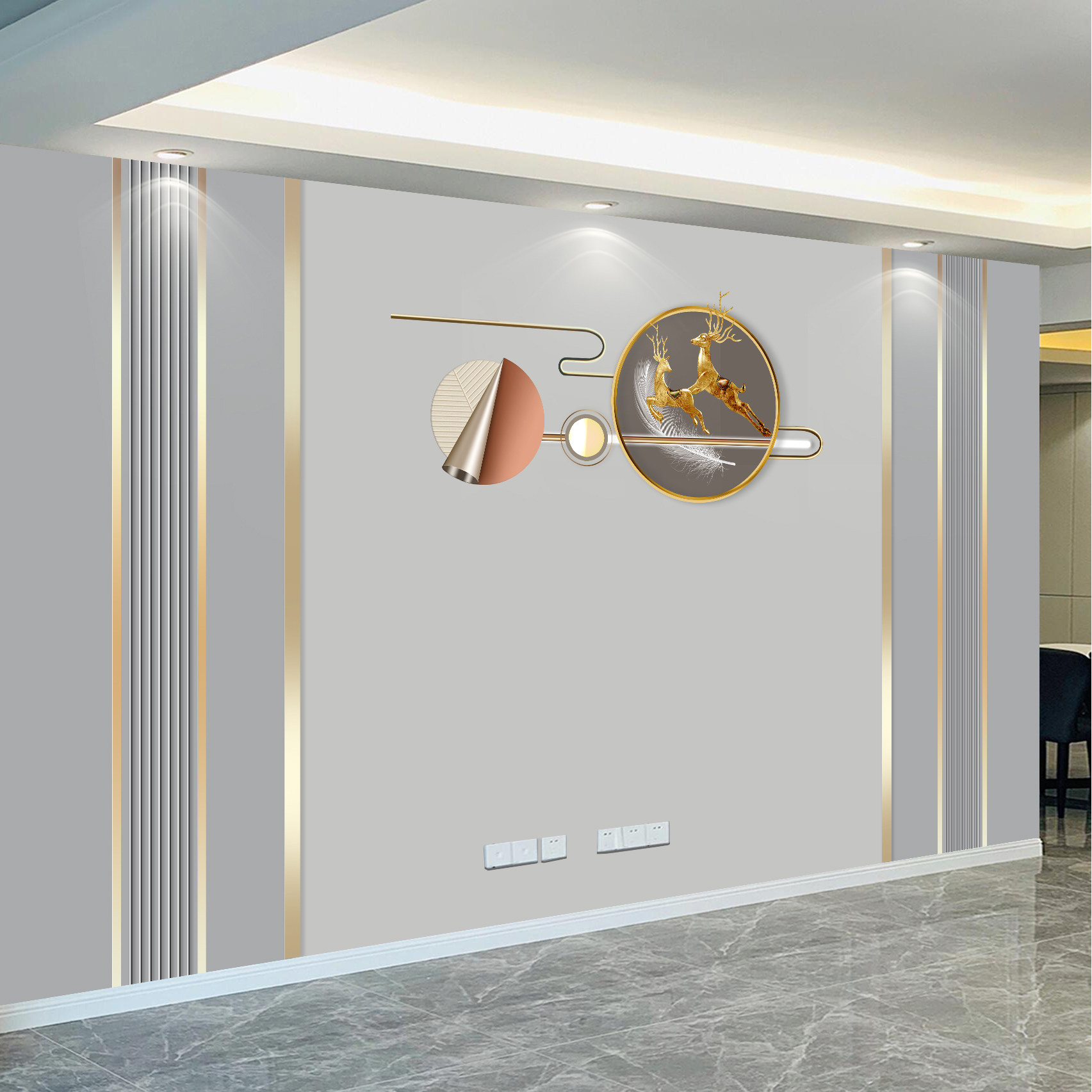 2022新款电视背景墙简约线条轻奢风壁布麋鹿装饰客厅卧室无缝墙布