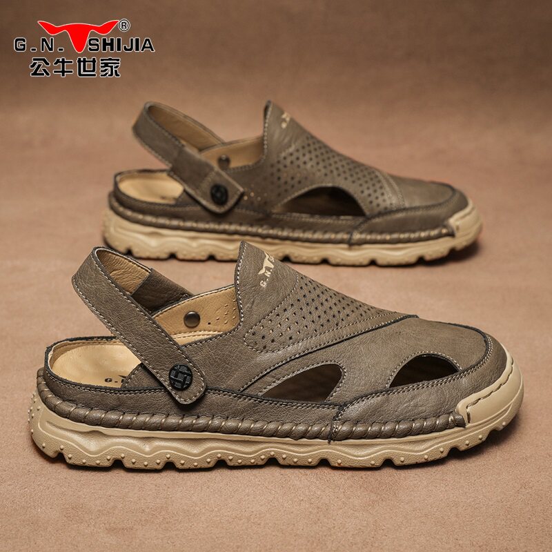 公牛世家夏季真皮凉鞋软底开车洞洞鞋男户外运动两穿透气沙滩拖鞋