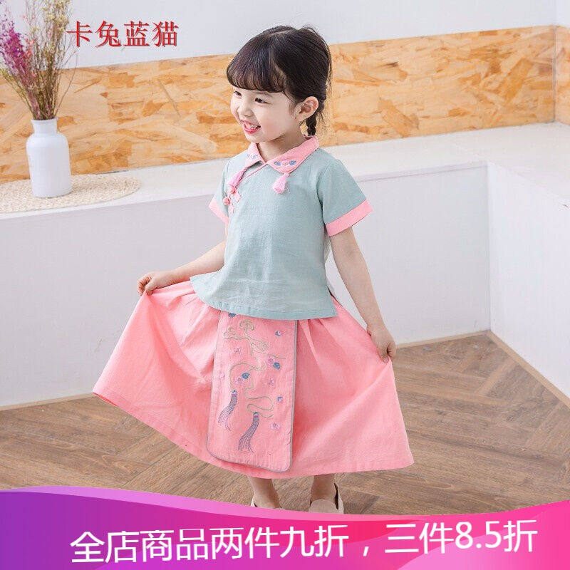 新品卡兔蓝猫汉服女童中国风宝宝唐装改良古装超仙儿童襦裙古风夏