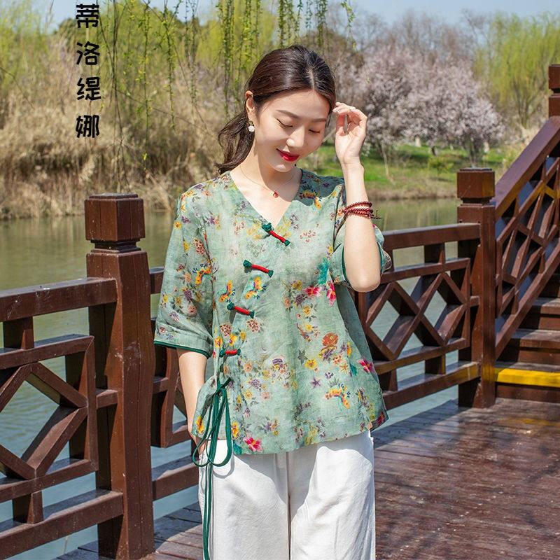 汉服女古装日常改良汉元素中国风苎麻短袖上衣女年夏季新款旅行复