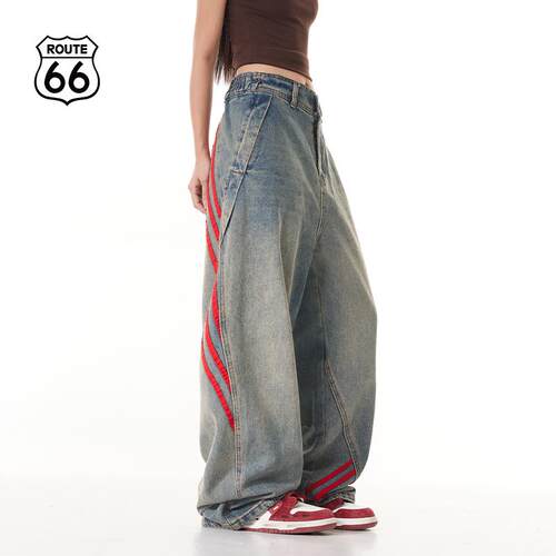 【TF家族同款】ROUTE66美式潮牌牛仔裤男女同款宽松休闲阔腿裤子