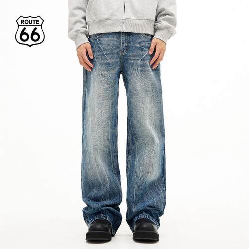 ROUTE66美式复古闪电裂纹微喇牛仔裤男秋冬厚款蓝色宽松直筒长裤