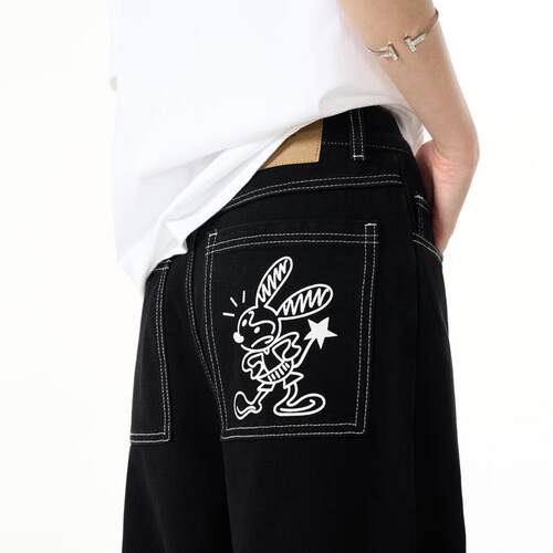 YEBOUN美式高街涂鸦黑色牛仔裤男女秋冬潮牌宽松直筒阔腿休闲裤子